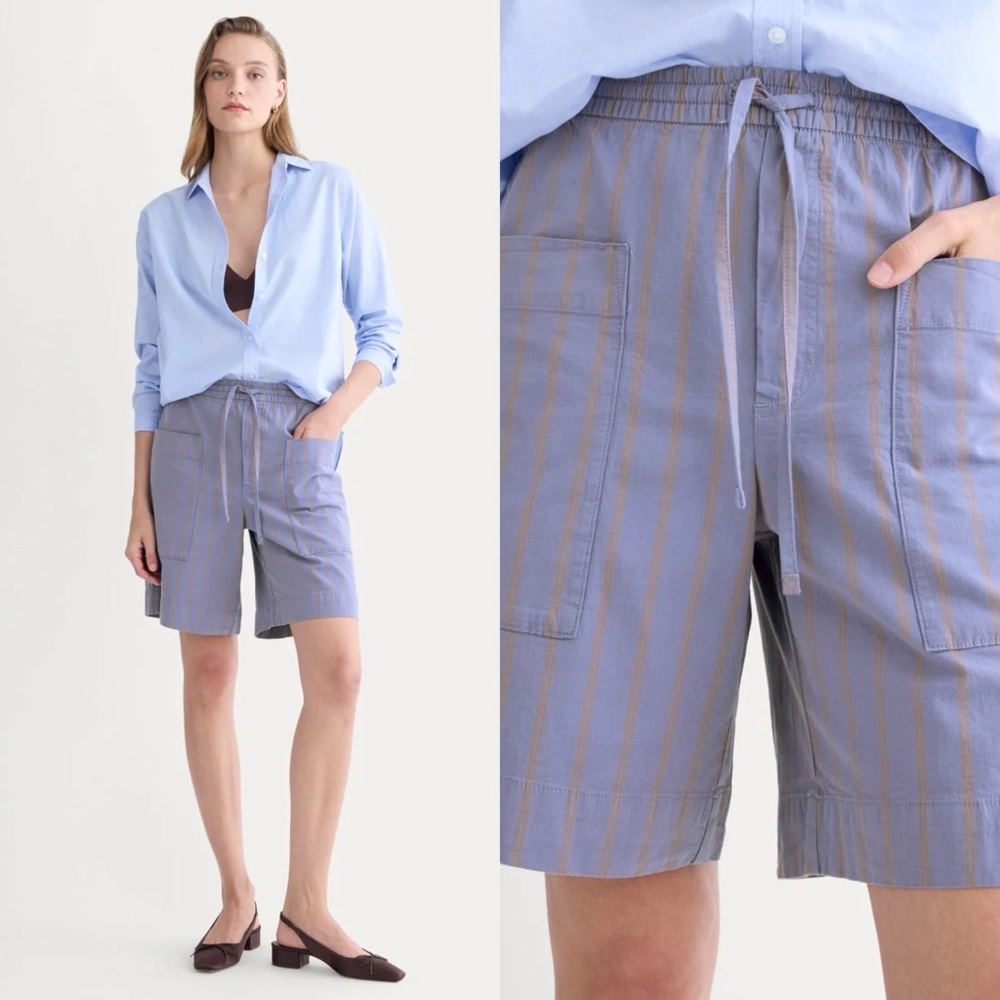 Light Blue Stripe Drawstring Utility Shorts - Women